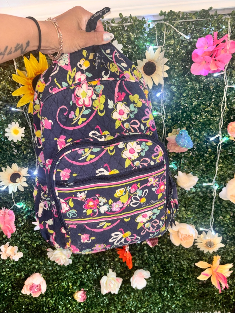 Vera Bradley Navy Quilted Floral Backpack with Pink & Green Accents